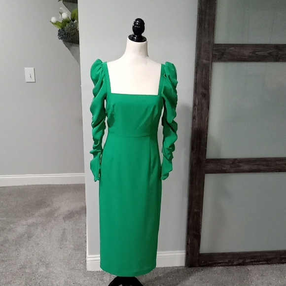 Antonio Melani Elena Crepe Square Neck Ruched Sleeve Midi Dress Size 4 NWT